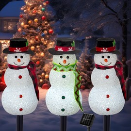 Solar Christmas Snowman Lights Outdoor Decorations, Set of 3 Led Stake Lights, Waterproof Walkway Landscape Lights for Winter Yard, Garden, Lawn Decor (Snowman-Cold White)