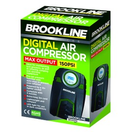 Brookline 12V Quality Digital Car Tyre Air Compressor - For All Vehicles - Shows PSI BAR KPA 0-150 PSI - Includes Adaptors