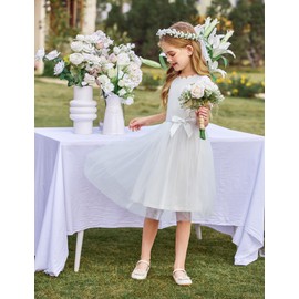 Arshiner Girls Vintage Short Sleeves Midi Length Dress Wedding Party Evening Formal Pegeant Dance Dresses White