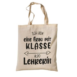 tradercat Jute Bag Printed Vintage 100% Cotton, Fabric Bag Printed, Great Gift for Teachers, Jute Bag Aesthetic as a Fashionable Accessory with Saying (Woman with Class - Natural), beige