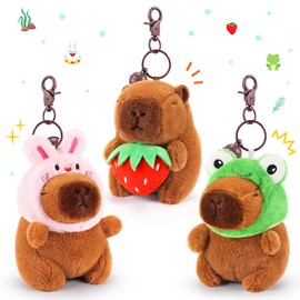 Achwishap 3PCS Capybara Plush Keychain,Cute Keychain Capybara Stuffed Animal,Soft Capybara Plush Toys Key Chain,Kawaii Plushie Stuffed Toys for Kids Adults(Bunny Hat,Frog Hat,Holding Strawberry)