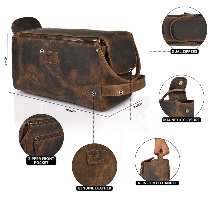 LEATHER VILLAGE Premium Leather Travel Toiletry Bag - Unisex Water-Resistant