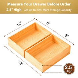 Umilife Bamboo Kitchen Utensils Organizer, Extra High Silverware Drawer Holder, Flatware Cutlery Storage Box, Multi-Use Drawer Divider in Office, Bathroom, Pantry - 12"x6"x2.5" (Set of 2)