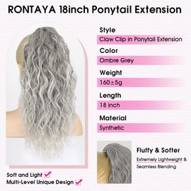 RONTAYA Ponytail Extension, 18 Inch Omber Grey Ponytail Extension for Women Multi Layered Fluffy Thick Wavy Jaw Clip in Fake Pony Tails Fake Hair Soft Synthetic Hairpiece