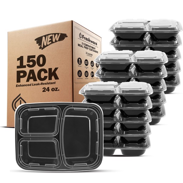 Freshware Meal Prep Containers [150 Pack] 3 Compartment with Lids,
