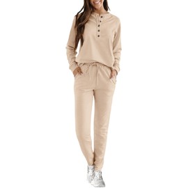 KIRUNDO Womens Sweatsuits 2 Piece Set 2025 Fall Winter Button Henley Sweatshirt Drawstring Pants Lounge Sets with Pockets(Khaki, Medium)
