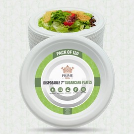 PRIME FEEL Disposable Paper Plates,100% Compostable Sugarcane Heavy-Duty Plates for Events, BBQs, Camping, and Picnics (7 Inches 120 Pack)