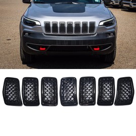 KYYET 7PCS Gloss Black Compatible with Jeep Cherokee 2019 2020 2021 Front Mesh Grille Grill Trim Honeycomb Insert Cover Accessories