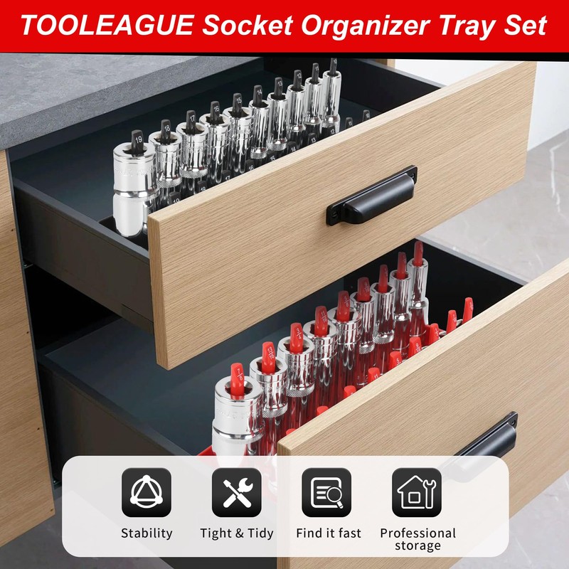 TOOLEAGUE 9Pcs Socket Organizer Tray and Magnetic Wrench Holder Set,Red