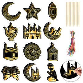 DPKOW 36 STK Eid Kratzbilder für Kinder Erwachsene, Schwarz Goldenes Eid Kratzpapier Mondlaterne Moschee Eid Deko Ramadan Eid Geschenke für Kinder, islamische Geschenke Ramadan Kratzbilder