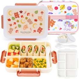 Lonchera Bento Box para Niños y Niñas, Lunch Box a Prueba de Fugas de 6 Compartimentos, con Recipiente para Salsas y Bolsa Térmica, Sin BPA, Apta para Microondas y Lavavajillas (Osito)