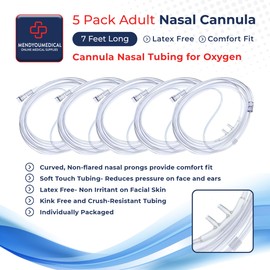 Mend You Medical Adult Nasal Oxygen Cannula, Curved Tip, 7 Foot Tubing, Latex Free, Universal Connector. Soft Nasal Cannula for Oxygen, Cannula Nasal Tubing for Oxygen, Oxygen Tubing (Pack of 5)