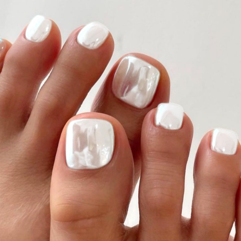 White Chrome Press on Toenails Short Square Fake Toe Nails