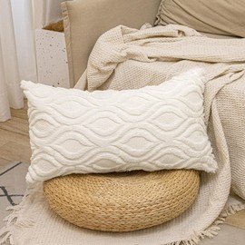 JoraLion Boho Lumbar Pillow Covers 12 x 26 inch Plush Faux Wool, Cream Beige Throw Pillow Cover Luxurious Soft Couch Cover Case Home Decor for Sofa Bed Living Room, ONLY 1 Cover