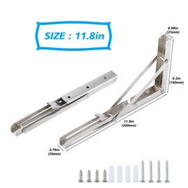 Folding Shelf Brackets 12 Inches, Heavy Duty Stainless Steel Collapsible Shelf Bracket, Max Load:300lbs,Space Saving Wall Brackets, Pack of 2