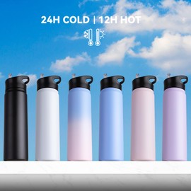 UMBFUN Stainless Steel Drinking Bottle – 1 Litre – with Straw, Leak-Proof, Suitable for Carbonated Drinks, BPA-Free Thermos Bottle (+ 2 Lids) Vacuum Double Wall Insulation for Sports, Travel, Camping,