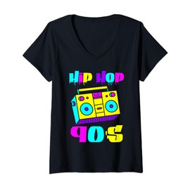 Womens 90's Hip Hop Music Retro Boombox Vintage Colorful 1990s 1990 V-Neck T-Shirt