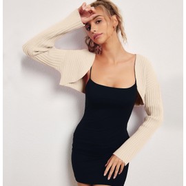 LILLUSORY Womens Crop Cardigans Sweater Bolero Shrug Y2K Cute Tops Fall Fashion Trendy Long Sleeve Outfit 2025 Light Apricot Small