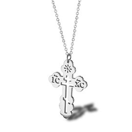 Stainless Steel Eastern Orthodox Cross Pendant Necklace,18K Gold Plated Women Religious Cross Christ Necklace Jewelry 18 Inch Chain (Silver)
