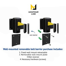 Montour Line WM115 Wall Mounted Retractable Belt Barrier with Standard Belt End, Removable Mount, Black Casing (13 ft Black Belt)