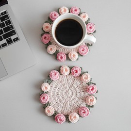 Crochet Pink Rose Floral Coaster 1-Pack - 5.1" Light Pink Handmade Unique Fabric Coaster for Drinks Desk