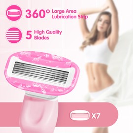 Razors for Women Include 1 Non-Slip Metal Handles and 7 Blade Refills, 5 Premium Blades Women's Razors for Shaving with 360° Lubrication Reduces Irritation, Pink