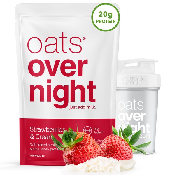 Oats Overnight - Strawberries & Cream - 20g Protein, High Fiber Breakfast Shake - Gluten Free, Non GMO Oatmeal (2.7 oz per meal) (24 Pack)