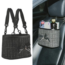 JSCARLIFE Car Seat Back Hanging Bag,PU Leather Car Back Seat Organizer Hanging Cotton and linen fabric Car Storage Box Travel Tidy Pouch Pocket Car Trash Can for Most Vehicles (Black)
