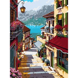 AIRDEA Bellagio Village Street Paint by Numbers Adults, DIY Painting by Numbers, Hand Painted Oil Painting Kit for Beginners Adults with 3 Brushes and Acrylic Paint, Interior Decoration, 30 x 40 cm