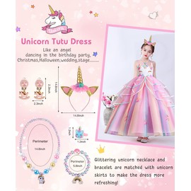 TOLOYE Dress Up for Girls, Princess Unicorn Costume Princess Girl Dress with Headband Necklace Set, Kids Fancy Costume for Party Birthday Halloween Pageant Carnival Cosplay 3-10 Years