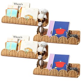 Pinkunn 4 Pcs Nursery Book Shelves 15.8 Inch Rattan Scalloped Floating Bookshelves Wicker Boho Book Shelf for Wall Mounted Decor Nursery Rooms Hanging
