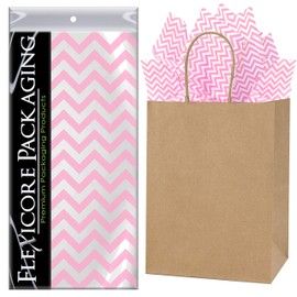 Flexicore Packaging Natural Brown Kraft Paper Gift Bags & Light Pink Gift Wrap Tissue Paper | Size: 8 Inch X 4.75 Inch X 10.5 Inch | Count: 50 Bags | Color: Light Pink Chevron