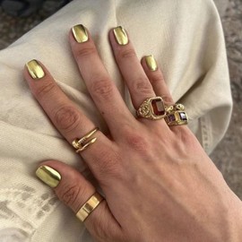 Light Gold Chrome Square Press on Nails Short,KQueenest Mirror Metal False Acrylic Nails Press Ons,Metallic Fake Nails,Natural Petite Glue on Nails Short,Stick on Nails for Women in 24 PCS