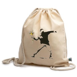 rainUP Banksy Flower Launcher Backpack, 100% Fair Trade Organic Cotton, Durable and Comfortable, Ideal for Shopping, Travel, Gym, Padel, Trekking..., beige