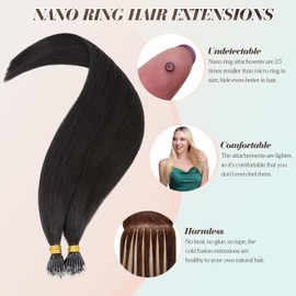 Benehair Nano Loop Hair Extensions Soft Invisible Straight Real Remy Human Hair #1B Natural Black Nano Bead Extensions 50 Strands