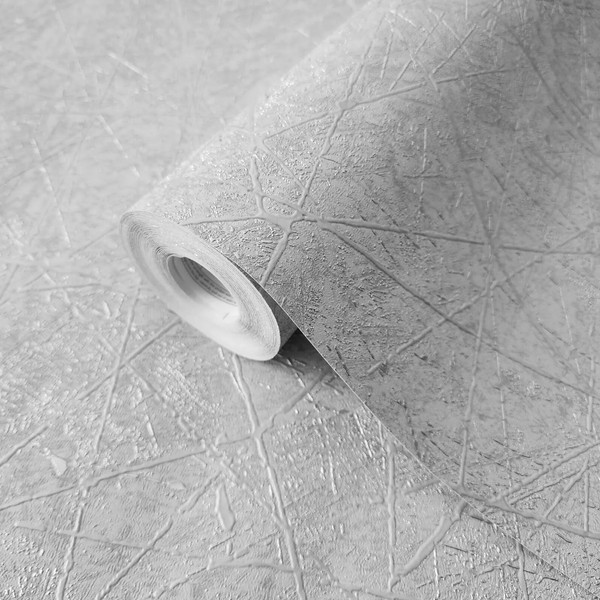 Light Gray Silver Metallic Abstract Lines Faux Plaster Textured Wallpaper