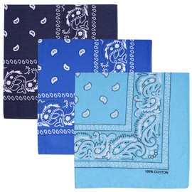 100% Cotton Large Bandanas for Men and Women, 22 Inch Paisley Bandana with Multiple Colors (Royal Blue/Navy Blue/Light Blue)