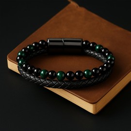 Adorashine Men's Braided Leather Bracelet, Black Stainless Steel Cuff Wristband, Adjustable Biker Style Gift for Men (Green Beads)