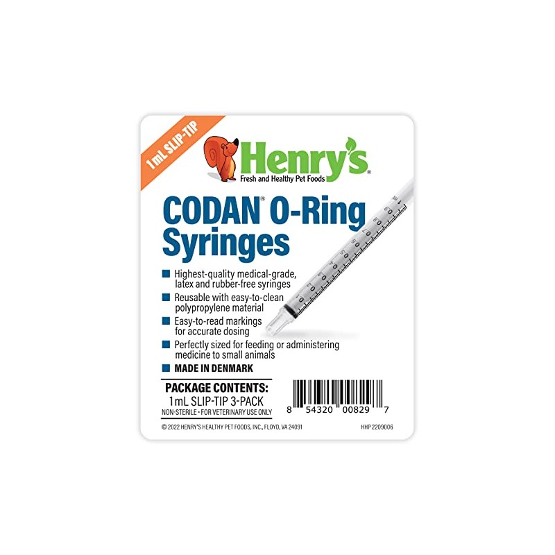 Henry's Healthy Pets CODAN Slip-Tip O-Ring Syringes, 1 mL (3