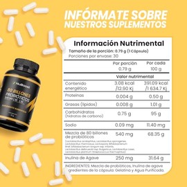 NUBOOST Probioticos y Prebioticos 80 Billones – Suplemento Alimenticio con 10 Cepas de Lactobacilos e Inulina de Agave, 30 Cápsulas para Apoyo Digesti
