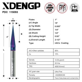 XDENGP 15 Degree V Groove Router Bit for CNC, Carbide V Groove Bit 0.005" Tip Width 1/4 Inch Shank with NACO Coated, CNC Carving Bits for Engraving and Signmaking Carving