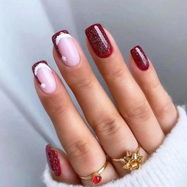 24pcs Christmas False Nails, Red French Stripes Nail Art for Christmas