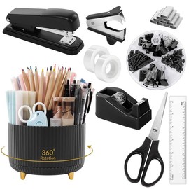 10PCS Office Cute Desk Accessories , Pencil Holder, Stapler, Tape Dispenser, Scissors, Ruler, Binder Clips and 1000pcs Staples,Desk Supplies Set - Color: Black