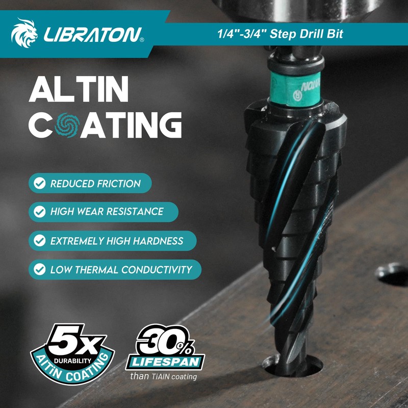 LIBRATON Four Spiral Flute Step Drill Bit, M35 Cobalt Unibit