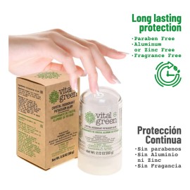 Vital Green Desodorante de Cristal Natural | Elimina el Olor, No Mancha, Sin Químicos, Ecológico y Duradero – 60g