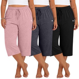 Neer 3 Pack Women's Plus Size Capris,Wide Leg Loose Pants Casual Drawstring Capri Sweatpants Drawstring Pants with Pockets(Black, Dark Mixed Gray, Pink,5X-Large)