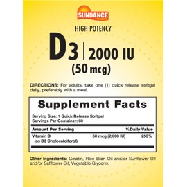 Sundance Vitamin D3 2000 IU | 60 Quick Release Softgels | High Potency | Non-GMO and Gluten Free Supplement