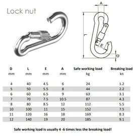 Pack of 2 - Carabiner snap hook with safety lock nut 316 A4 stainless steel marine grade non rust 50mm 60mm 70mm 80mm 100mm 120mm140mm (11mm x 120mm)