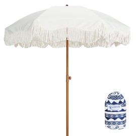 AMMSUN Boho Fringe Umbrella with Outdoor Blanket, 6.5ft UPF50+ Picnic Umbrella with Tassels with Steel Pole & Push Button Tilt, Antique White