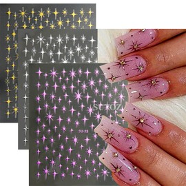3 Sheets Star Nail Stickers 3D Nail Decals Gold White Pink Starburst Self Adhesive Stickers para uñas Accessories Nail Decoration Gold Nail Stickers Nail Art Stickers for Creative Nail Designs